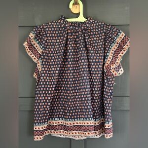 Trovata Navy and Rust Floral Blouse- XS- Cotton & Silk Blend- perfect for Fall